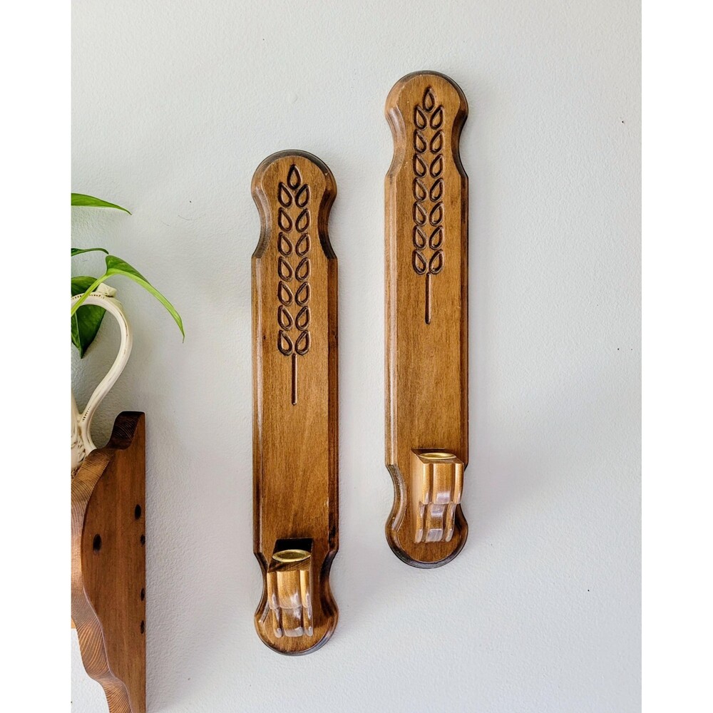 Vintage Wood Wall Candle Sconce Set of 2 1980s
